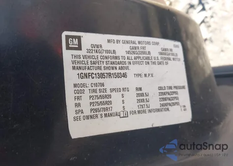 2007 Chevrolet Tahoe Ltz z USA, uszkodzony, nr VIN 1GNFC13057R150346